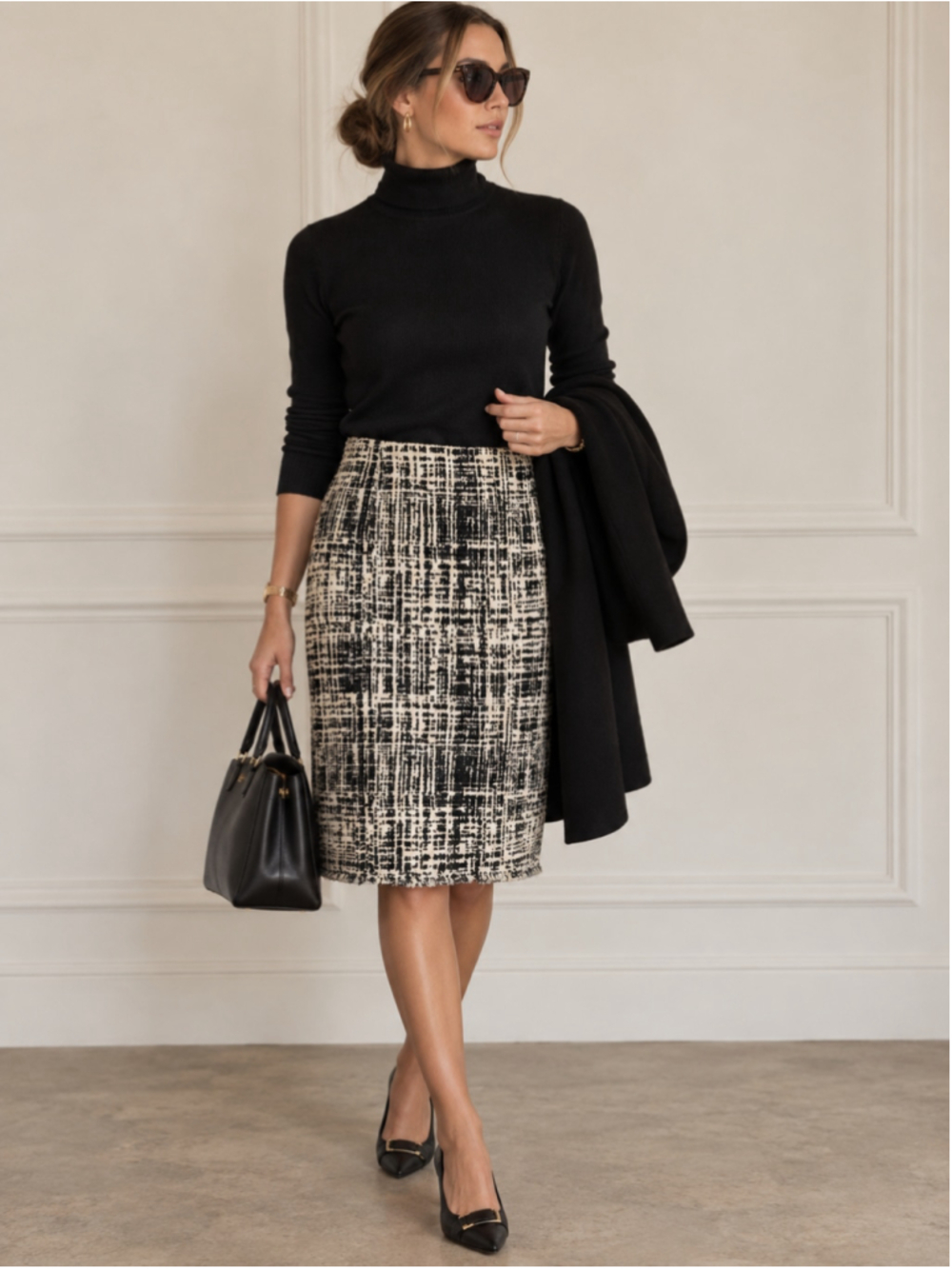 PRADA Milano Black & White Textured Grid Check Tweed Pencil Skirt IT 40 US 4